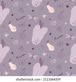 Seamless children's handmade pattern with apples, stars, crowns, the inscription princess on a delicate pink background. Vector illustration. Great for wrapping paper, wallpaper, baby clothes.