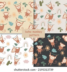 Seamless children's monkey pattern in boho style. Vector illustration 
