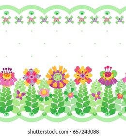 Seamless children's ornament. Colorful floral border. Festive ribbon, elegant decoration for kids.