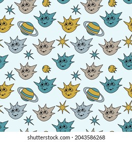 Seamless children's patern. Cute aliens, star planets. Vector background.