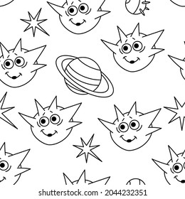 Seamless children's patern. Cute aliens, star planets. Black and white Vector background.