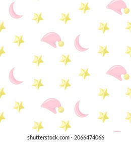 Seamless children's paternity. cute decor elements in delicate pink colors. print for children's wallpaper, print background in books. The moon, the hood and the stars