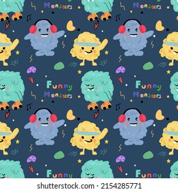 seamless children's patter with cute monsters, funny monsters and aliens in cartoon style on a background of doodles