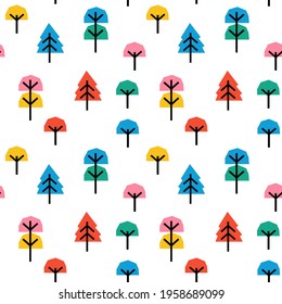 Seamless childrens pattern with abstract colorful collage tree. Vector background