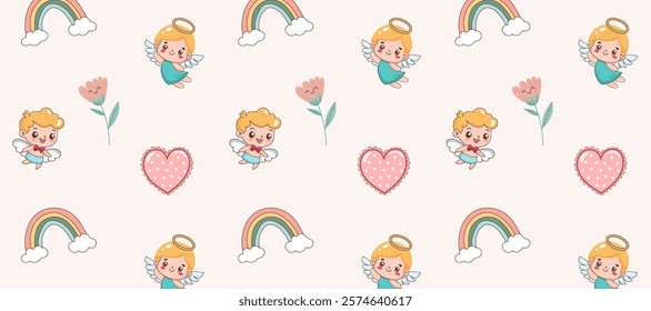 Seamless children's pattern with angels and a heart in delicate colors. Ornament for fabric, products for children, packaging. Sample in swatches.