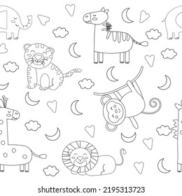 Seamless children's pattern of animals in outline style. Vector illustration 