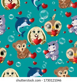 Seamless children's pattern with animals: owl, dolphin, hare, bear, hippo. With soap bubbles and hearts. For decorating fabrics, baby products, packaging, wallpaper. Vector graphics, layered, RGB