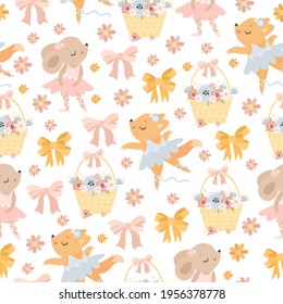 seamless children's pattern with ballerinas. cute characters dancers. adorable animals. pastel colors. flowers in a basket