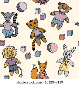 Seamless children's pattern. Bear, Fox, lion, tiger and lemur on a beige background in cartoon style. Design of textures, banners, greeting cards, Wallpapers, posters, textiles. Vector illustration.