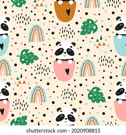 Seamless children's pattern with bears. Decoration of the children's room, fabrics, dishes, clothes for newborns with pandas and rainbows. Doodle style. Wild lazy animals. Cute panda sitting.