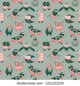 Seamless children's pattern, birds of an owl in rakhny poses, a forest pattern of birds.