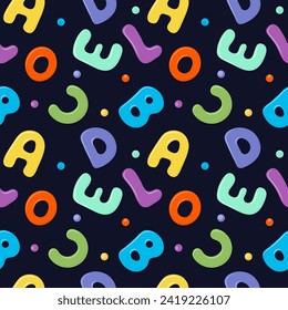 Patrón de niños sin manchas con un patrón de letras brillantes y puntos sobre un fondo azul. Patrón de estilo plano para la impresión, la reserva de recortes, los textiles, el papel pintado, la cubierta de un portátil. Ilustración del vector