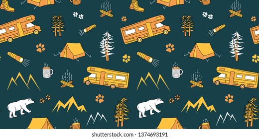 Seamless children's pattern - camping vector illustration, travel and overnight in the forest. Lovely print for kids, travel tours, wallpaper, fabric, travel items