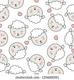 Seamless children's pattern with cartoon sheep with hearts. Vector illustration.