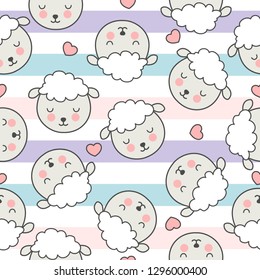 Seamless children's pattern with cartoon sheep on a striped background with hearts. Vector illustration.