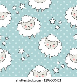 Seamless children's pattern with cartoon sheep on turquoise background with stars. Vector illustration. Polka dot background.