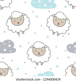 Seamless children's pattern with cartoon sheep with clouds and stars. Vector illustration.