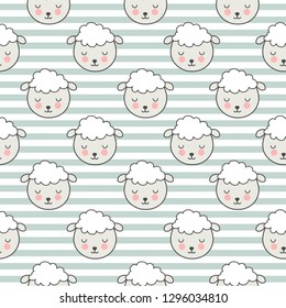 Seamless children's pattern with cartoon sheep on a striped background. Vector illustration.