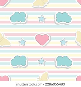 Patrón infantil sin foco con nubes, estrellas, mariposas. Impresión para los niños para textiles, tejidos, papel pintado, diseño, lencería, decoración, ropa de cama, empaque, ropa para niños.