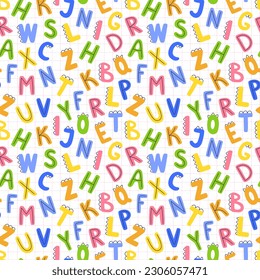 Patrón infantil sin inconvenientes con letras divertidas y coloridas. fondo de ilustración vectorial