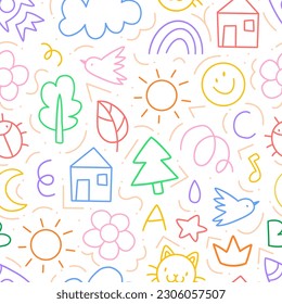 Seamless children's pattern with colorful funny doodles with a checkered paper texture. Pattern with cute baby scribbles. Vector illustration background.