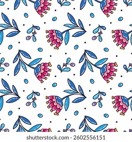 Seamless children's pattern with colorful funny drawings of leaves and flowers. A pattern with cute botanical designs.