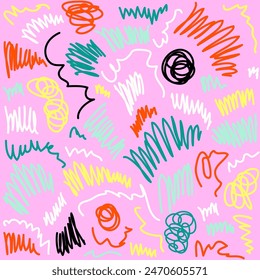 Seamless children's pattern of colorful multi-colored wavy lines, squiggles on a pink background, hand drawn