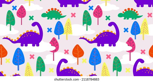 
Seamless children's pattern with colorful trees and dinosaurs. Creative childlike texture for fabric, wrapping, textile, wallpaper, clothing. Vector illustration