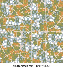 Seamless children's pattern created on the basis of rounded squares with a decrepit grid in the foreground.