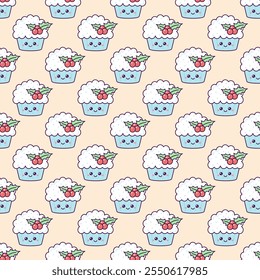 Seamless children's pattern with cupcake and berries