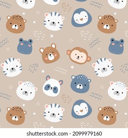 Seamless children's pattern with cute animals on a pastel background. Vector print with leopard, bear, penguin, frog and tiger for kid, textile, wrapping paper