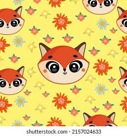 Seamless children's pattern. Cute baby animals and beautiful flower patterns. Creative night style for kids, childish texture for wrapping fabric textile wallpaper clothing background.