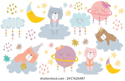 Seamless children's pattern with cute bear on clouds, moon, stars, children's texture, creative Scandinavian style for fabric, wrapping, textile, wallpaper, apparel, vector illustration.