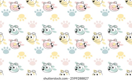 Seamless children's pattern with cute bear faces with glasses and paw marks. Pastel shades, minimalistic style, white background