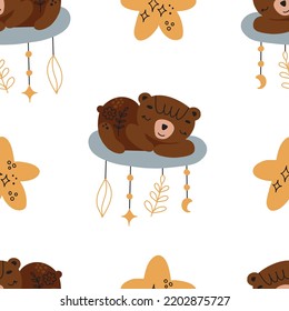 Seamless children's pattern with cute bears on clouds with stars. Creative children's texture in scandinavian style for fabric, wrapping, textile, wallpaper, clothing. Vector illustration