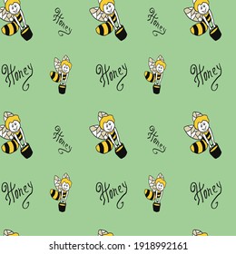 Seamless children's pattern with cute bees and inscription honey. Creative kids texture for wallpaper, textile, packing or gift papier, background