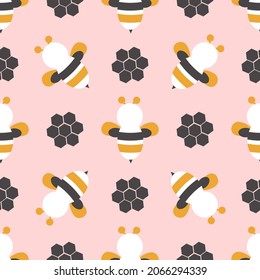 Seamless children's pattern with cute bees. Vector naive characters in scandinavian hand-drawn cartoon style. Decoration of a children's room, fabrics, dishes, clothes for newborns with bees, rainbows
