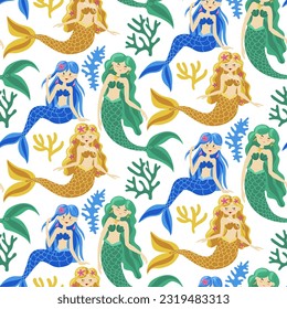 Seamless children's pattern with cute colored mermaids and sea elements. Yellow, green, and blue are the primary colors. Colored corals. Cartoon background. Ideal for fabrics, textiles, packaging