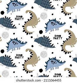 Patrón de niños sin inconfundibles con lindos dinosaurios, inscripciones de dinos, círculos punteados, manchas de estilo escandinavo. Patrón con lindos dinosaurios. Ilustración infantil vectorial con animales lindos.
