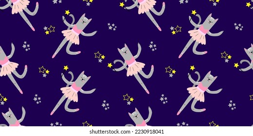 Seamless children's pattern with a cute fairy cat and stars on a blue background. Cat Ballerina. Pattern for girls. Creative children's texture for fabric, packaging, textiles, wallpaper, clothes.
