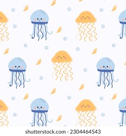 Seamless children's pattern with cute jellyfish and seashells. Marine-themed pattern with underwater animals. Texture for fabric, packaging, textiles, clothing. Vector illustration. 