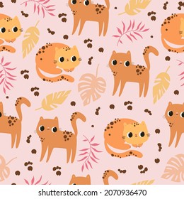 Seamless children's pattern with cute leopards and palm leaves. Safari animals