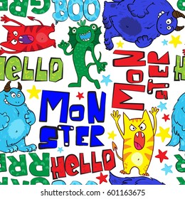 Seamless children's pattern with cute monsters.Repeated backdrop for textile, clothes, t shirt, child, paper. Creative kids original design
