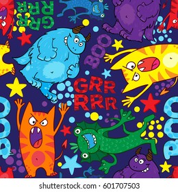 Seamless children's pattern with cute monsters.Repeated backdrop for textile, clothes, t shirt, child, paper. Creative kids original design