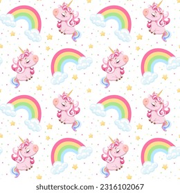 Seamless children's pattern cute pink unicorns on white background stars and rainbows. Cartoon drawing style. Design greeting card, birthday card, textile, fabric, scrapbooking, cover.  Vector 