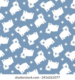 Seamless children's pattern with cute polar bears on a pale blue background. Simple animal print for baby clothes fabric, adorable sweet dream bed linen, pretty little girl dresses, nursery wallpaper.