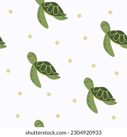 Seamless children's pattern with cute turtles. Marine-themed pattern with underwater animals. Texture for fabric, packaging, textiles, clothing. Vector illustration. 