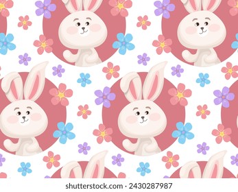 Seamless children's pattern of cute white rabbit with long ears and colored flowers. Vector endless pattern for spring design, summer decoration, banners, packaging, paper, covers, textile, clothing