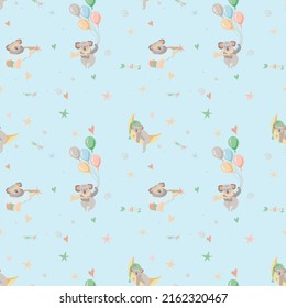 Seamless  Children's pattern different koalas on a blue background. Print for children's clothing, textiles, etc.