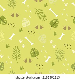 Seamless children's pattern dinosaur bones. Cute children's background with dino. Tropical pattern with palm leaves